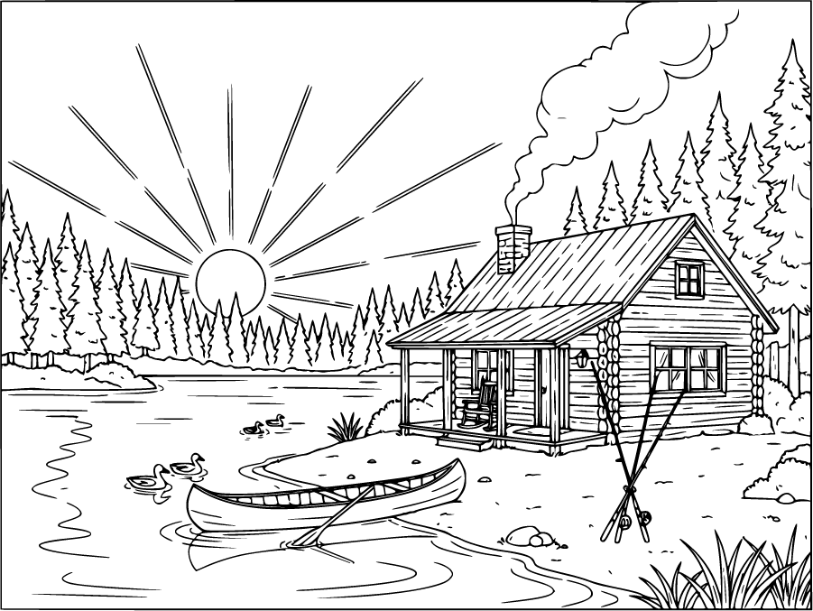 fishing cabin by forest lake
