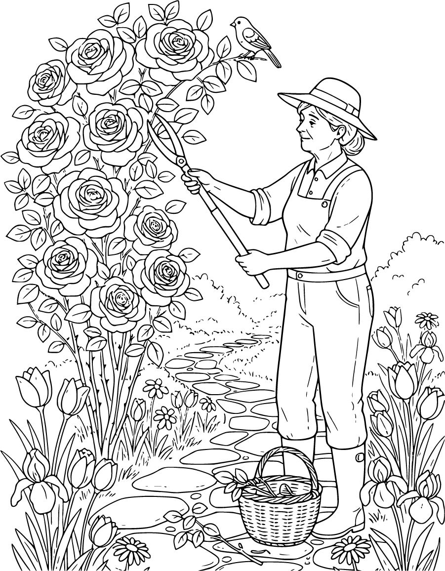 gardener trimming roses on garden path