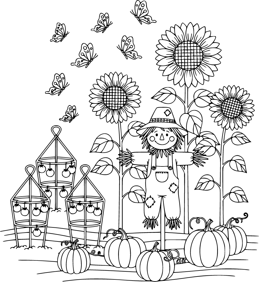 gardening scene with scarecrow pumpkins and sunflowers