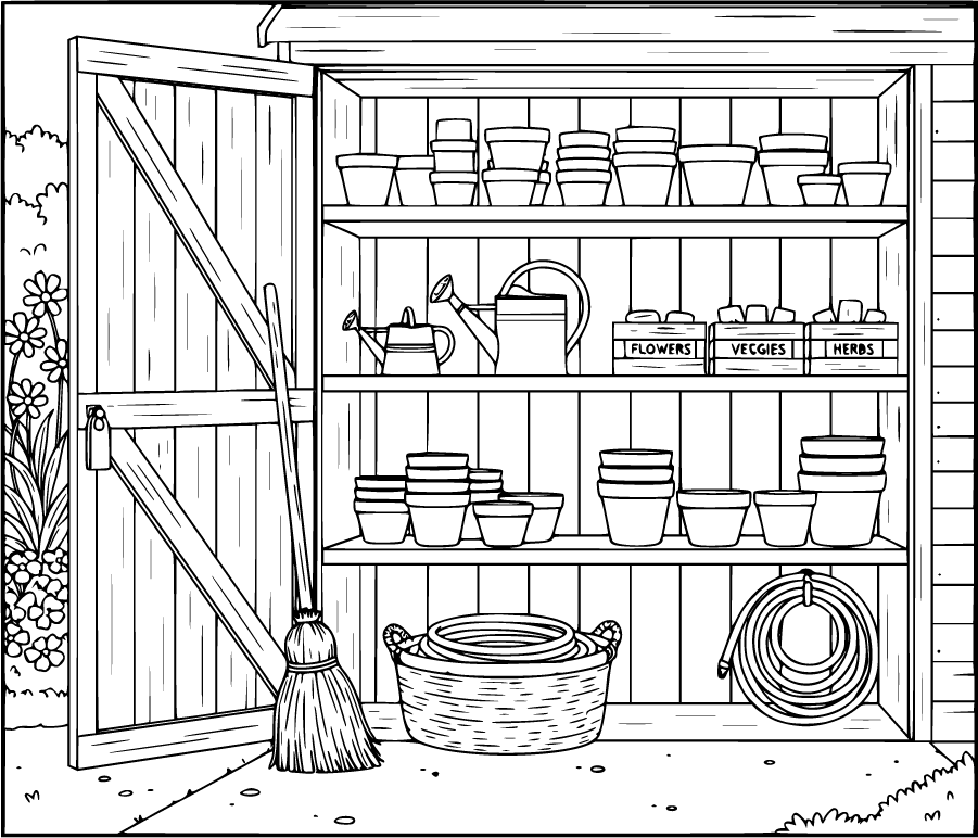 gardening shed with pots and tools