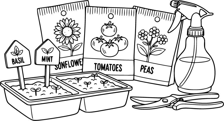 gardening supplies with seed trays and sprouts