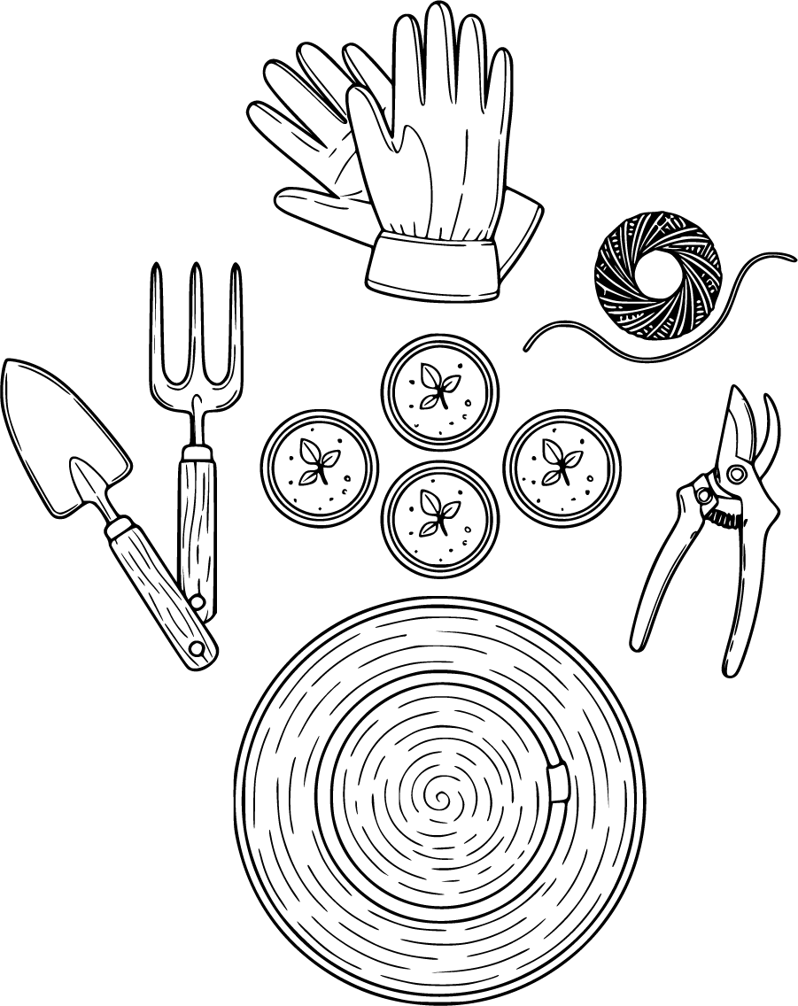 gardening tools and seedling pots top view