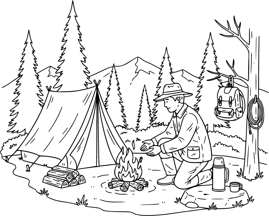 hunter campsite with tent and campfire