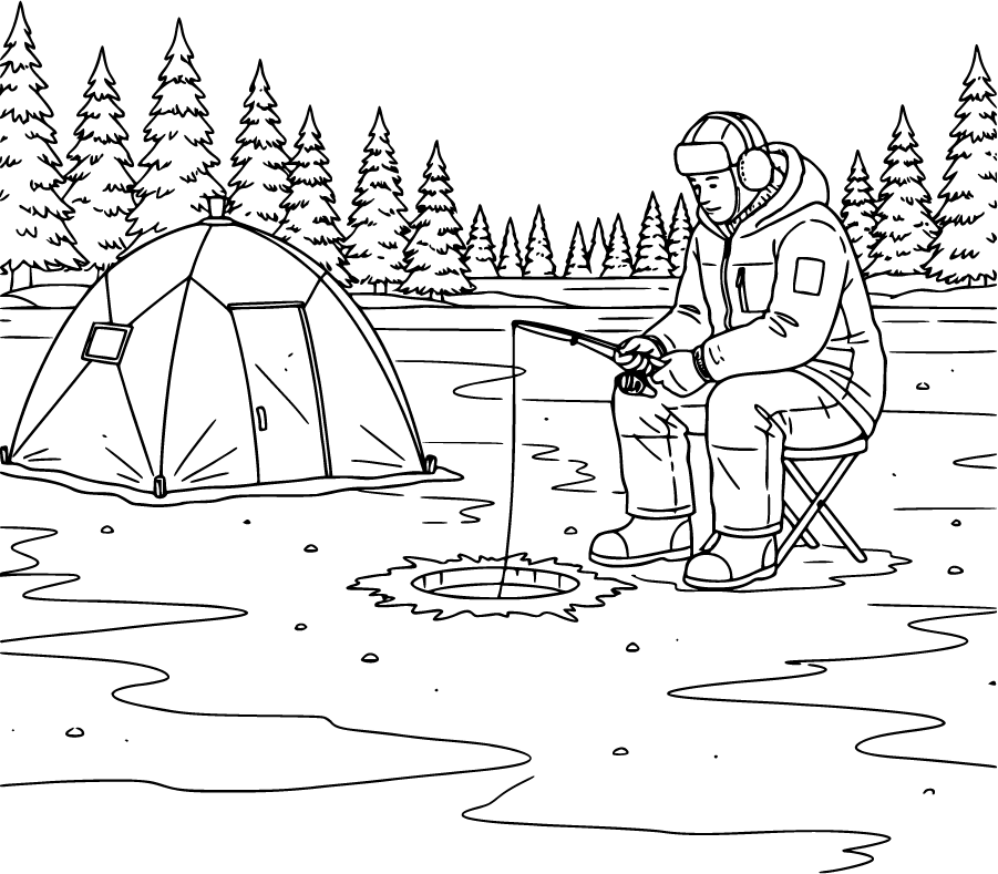 ice fishing on frozen lake