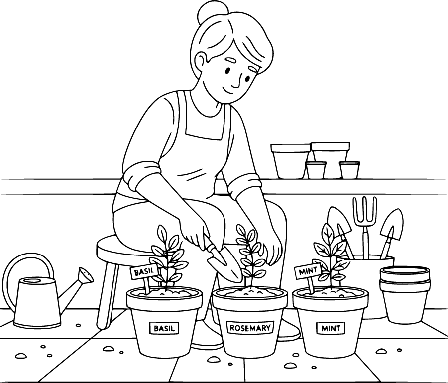patio gardening with potted herbs